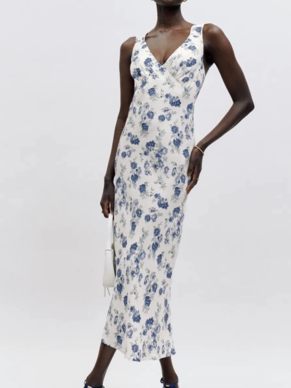 Reformation Floral V-Neck Maxi Dress in Ivory and Navy